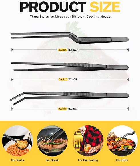 Fine Cooking Tweezers Set, 12 inch Professional Stainless Steel Tongs for Cooking, Plating, and BBQ