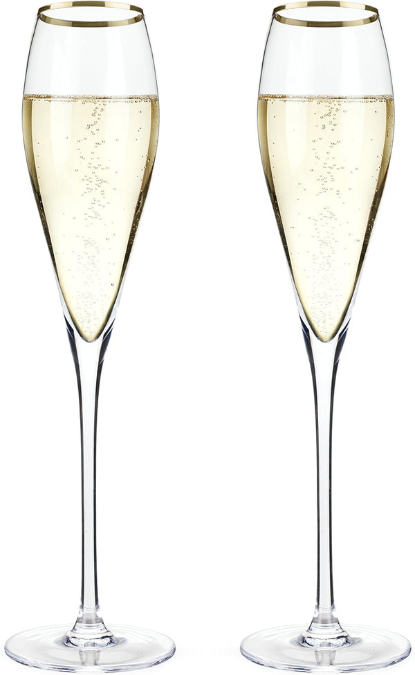 Viski Gold-Rimmed Crystal Champagne Flutes, Stemmed Wine Martini Glass Set, Housewarming Wedding Wine Gift - Set of 2,