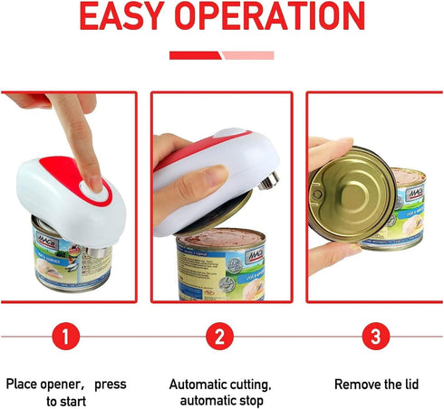 Electric Can Opener, Battery Operated for Seniors, Automatic One Touch Opener for Kitchen, Red with White