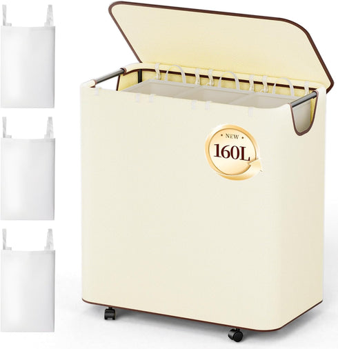 LAMU 160L Laundry Basket with Wheels, Rolling Laundry hamper with Lid and