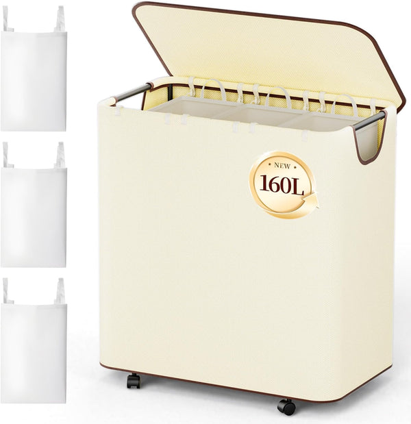LAMU 160L Laundry Basket with Wheels, Rolling Laundry hamper with Lid and
