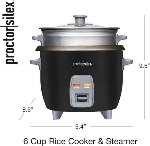 6 (3 (37510) Proctor Silex Rice Cooker & Food Steamer, Cups Cooked Cups Uncooked), Includes Steam and Rinsing Basket