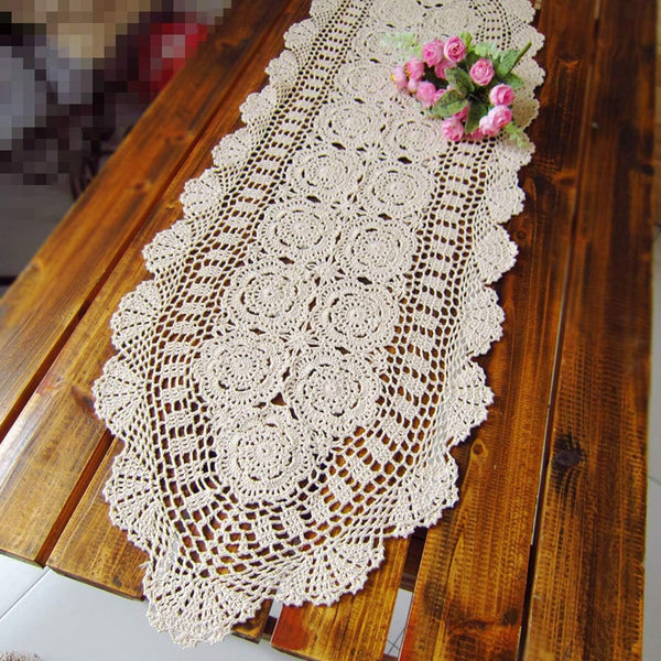 Damanni Oval Cotton Handmade Crochet Lace Table Runner Doilies, 15 Inch by 63 Inch, Beige