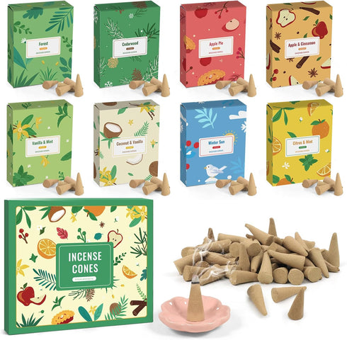 SCENTORINI Incense Cones, 120 Cones with Holder for Relaxation Meditation Kit, Cedarwood, Vanilla, Mint, Cinnamon