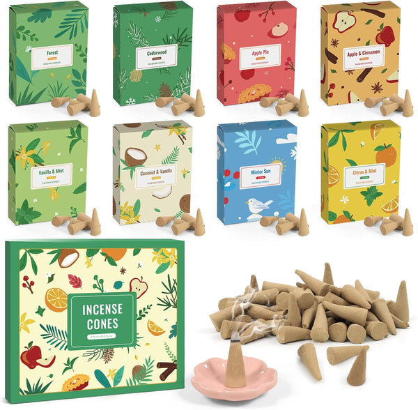 SCENTORINI Incense Cones, 120 Cones with Holder for Relaxation Meditation Kit, Cedarwood, Vanilla, Mint, Cinnamon