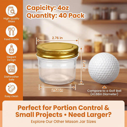 QAPPDA 4oz Home,Set 40 Glass Jars With Lids,Small Mason Jars Wide Mouth,Mini Canning Jars With Gold Lids