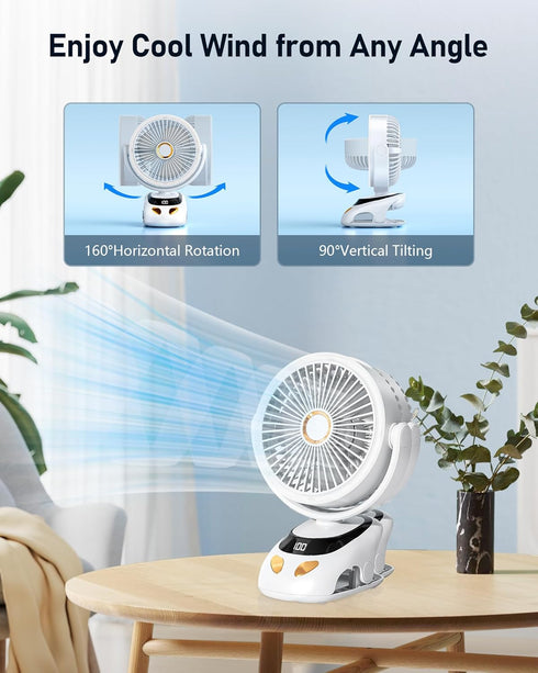 PILSAMAS 10000mAh 40H, 5-Speed (160H 90V) Clip on Fan Rechargeable with LED Light, Battery & Digital Display, Quiet