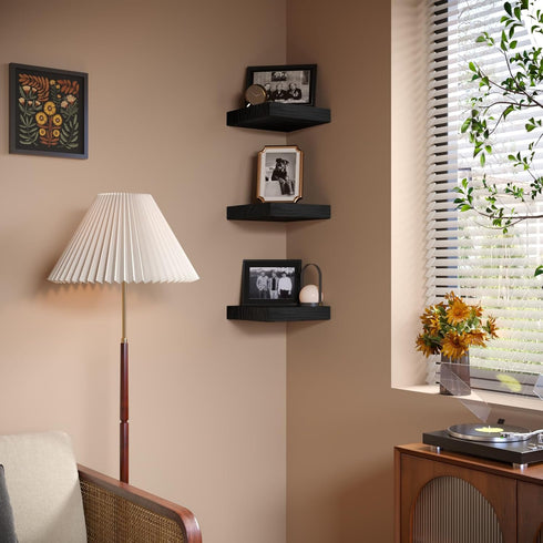 PopiShelves 9 Inch Set 3 Small Floating Shelves for Wall - Square Black Shelves for Bedroom, Living Room, Bathroom