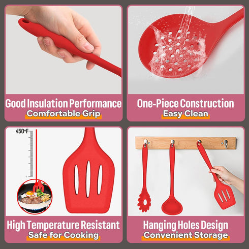 Silicone Kitchen Utensils Set, E-far 23 Pcs Red Cooking Utensils Tools with Holder for Nonstick Cookware, Include Spatula/Spoon/Ladle/Tongs/Turner, Heat Resistant & Nontoxic, Dishwasher Safe by E-far