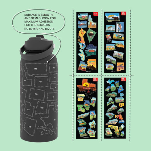 United States Map 32 oz Stainless Steel Water Bottle with Waterproof Stickers and Leak Proof Lid (BLACK)