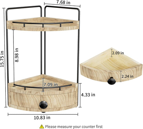 Aollewoiti 2-Tier Counter Countertop Counter Corner Bathroom Organizer with Drawer & Embedded Screw Holes - Wooden