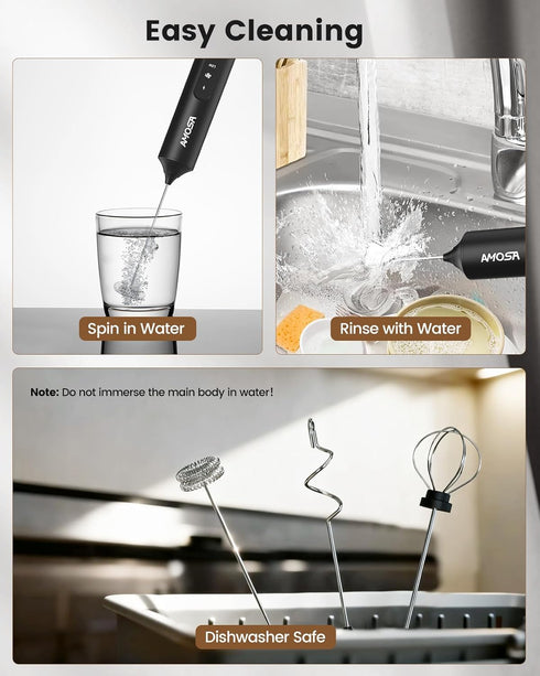 3 3 AMOSA Milk Frother Handheld with Stand, Rechargeable Frother with Speeds & Heads, Travel Frother with Case, Coffee
