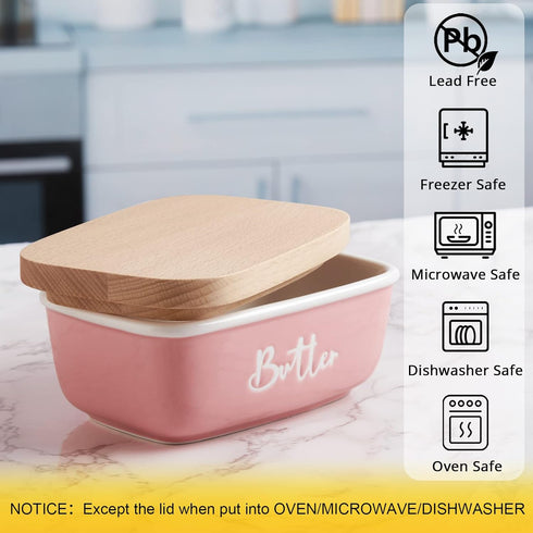 ALELION Pink Butter Dish with Lid, Ceramic Farmhouse Butter Keeper Container with Beech Wood Lid, Pink Kitchen Decor