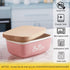 ALELION Pink Butter Dish with Lid, Ceramic Farmhouse Butter Keeper Container with Beech Wood Lid, Pink Kitchen Decor