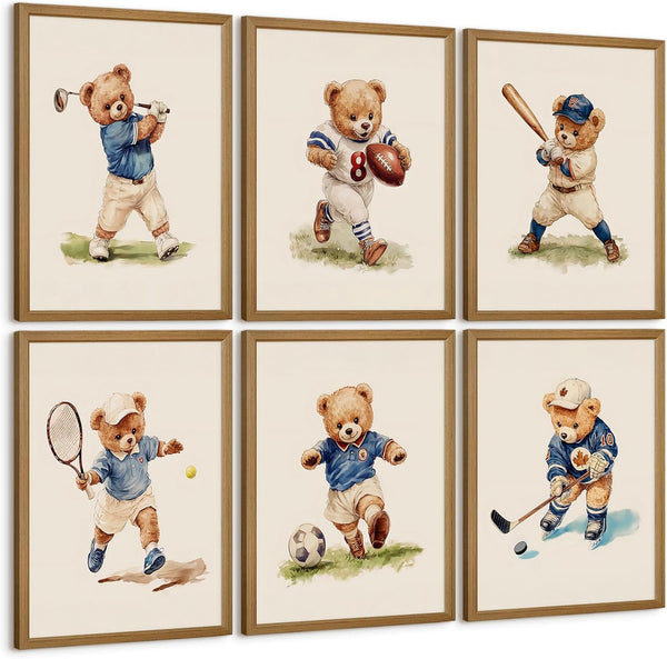 Olctedo Nursery Bear Sports Wall Art Vintage Boy Room Canvas Wall Decor Baby
