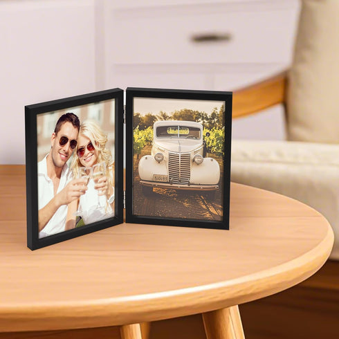 AEVETE 5x7 Double Hinged Wood Folding Picture Frames, Vertical with Plexiglass Front, Black