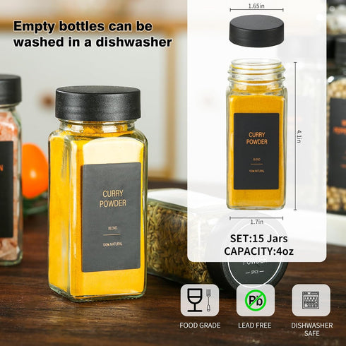 TESUNMU Label4oz 36) Spice Jars with Glass Spice Bottles With Shaker LidsSeasoning Containers with Funnel, Chalk Pen