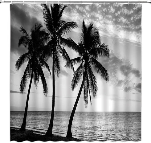 Ocean Beach Shower Curtain Tropical Palm Tree Landscape Black and White Sea Summer Seaside Scene Coastal Island Hawaii Nature Fabric Bath Curtain with Hook by Generic