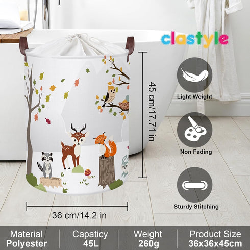 Clastyle 45L Woodland Animals Laundry Basket, Collapsible Waterproof Storage Basket with Handle - 14 * 17.7 in