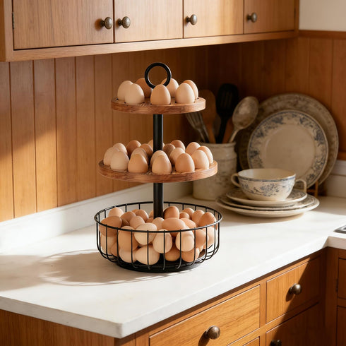 Wolera 3-Tier 360 24+40 Counter Rotating Egg Holder with Egg Capacity - Rustic Farmhouse Kitchen Organizer, Tiered Egg