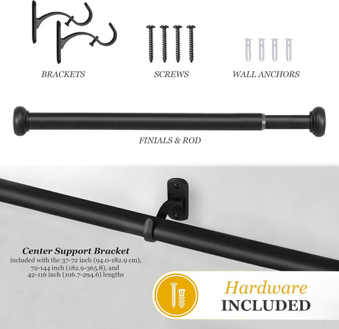 Kenney Weaver Cap End Indoor/Outdoor Black Curtain Rod, Adjustable 37-72 Inch for Windows & Patio