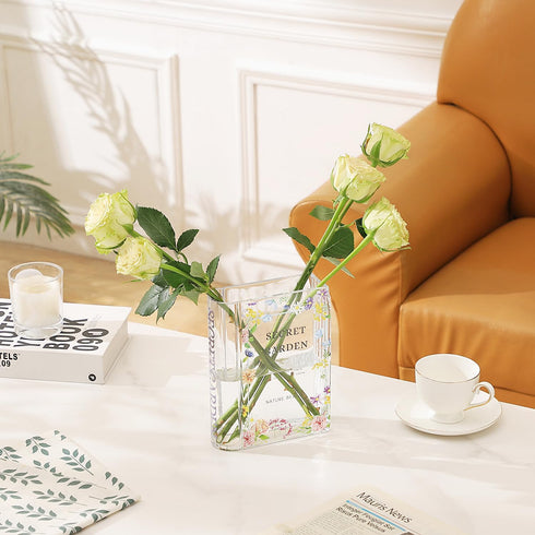 Glass Book Vase, Clear Book Vase for Flowers, Unique Flower Vase, Modern Book Shaped Vases for Bedroom, Living Room
