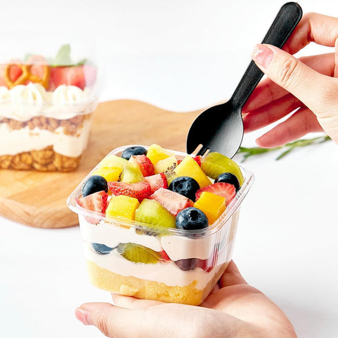 8 oz 100 Sets, Zezzxu Dessert Cups with Lids and Spoons, Square Plastic Dessert To-Go Containers with Dome Lids