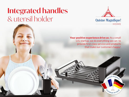 Cuisine Magnifique! Home Dish Drying Rack, Adjustable Length, Includes Kitchen Towel, French-Inspired Space-Saving