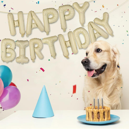 Beige Happy Birthday Balloons Banner, 16 Inch Mylar Foil Letters