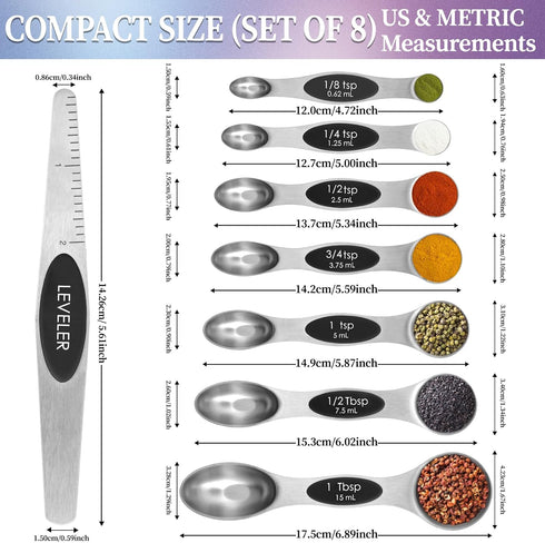Magnetic Measuring Spoons Set of 8 with Leveler, Stainless Steel Metal Measuring Spoon for Dry and Liquid Ingredients
