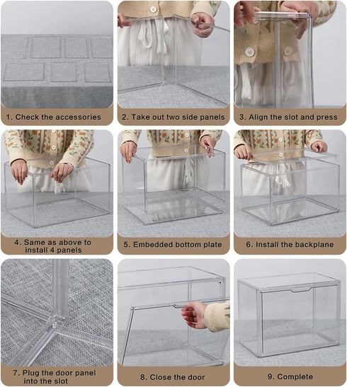 Clear Stackable Plastic Storage Bins with Magnetic Lid - Dustproof Display Cases for Books, Cosmetics, Collectibles