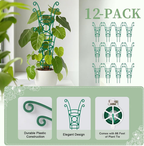 12 Pack Stackable Plant Trellis for Potted Plants, Garden Trellis Supports Peas, Ivy & Flowering Vines, Plastic