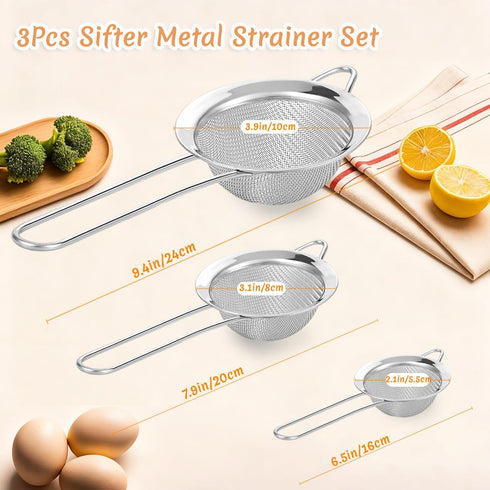 BLIGKO 3Pcs Set, Fine Mesh Strainer with Handle, Small Medium Large Size Sieve Strainers Stainless Steel Sifter