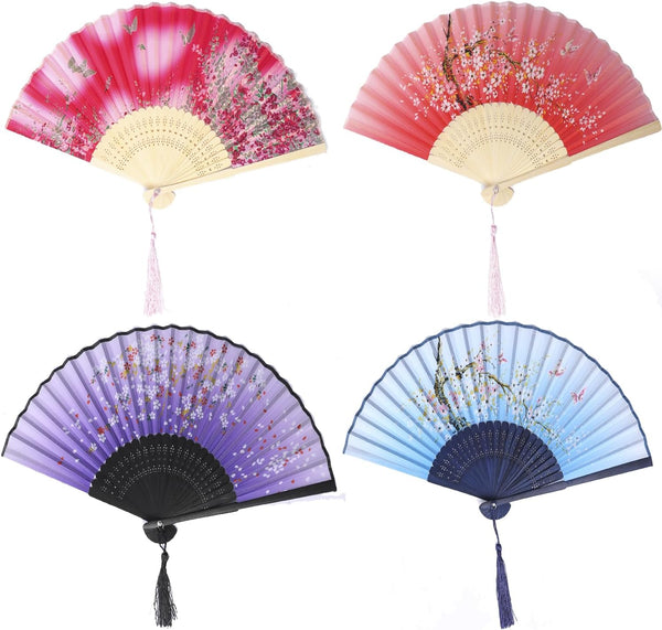 4 Pieces Handheld Fans, Vintage Silk Folding Fans with Bamboo Frames for Dancing Cosplay Wedding Party Props