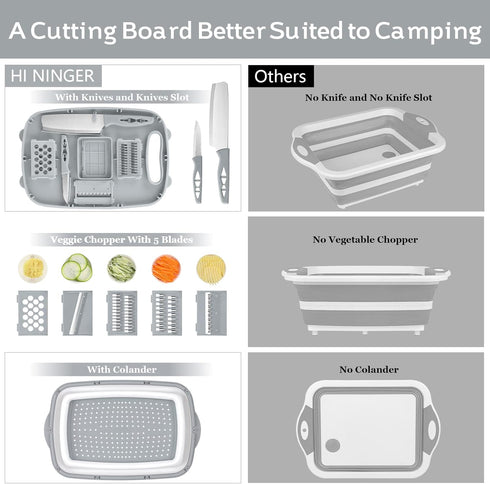 HI NINGER Collapsible Cutting Board with Colander, 9-In-1 Multi Chopping Board for Kitchen and Camping Accessories