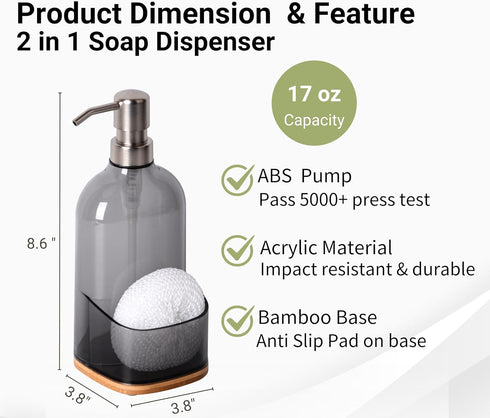 17oz Countertop Clasin Home Kitchen Soap Dispenser with Sponge Holder, Refillable Acrylic Dish Soap Dispenser