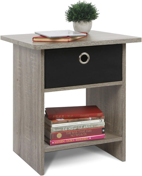 Furinno Dario End Table / Night Stand with Bin Drawer, 1-Pack, French Oak Grey/Black