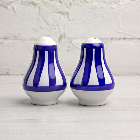 City to Cottage Ceramic Salt and Pepper Set - Handcrafted Navy Blue Stripe Shakers for Home, Restaurants, Weddings
