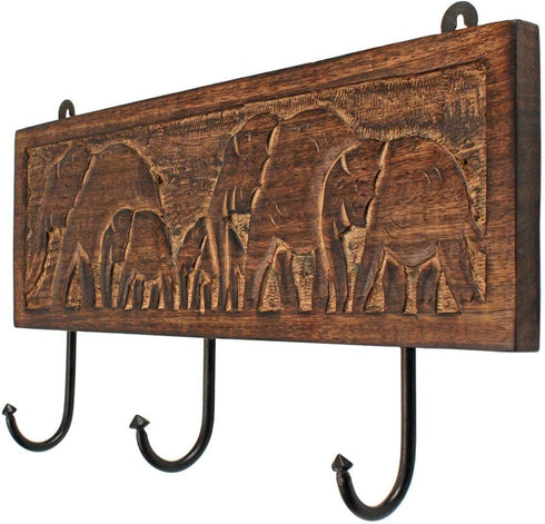 Ajuny Wooden Cloth Hook Coat Rack Wall Mount, Heavy Duty 3 Hooks with Carving for Hanging Hats, Clothes, Robes, Towels
