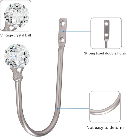 Curtain Holdback, 2pcs Wall Mounted Drapery Tiebacks with Clear Crystal Ball, Heavy Duty Metal Decorative Curtain