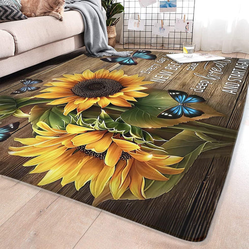 Area Rug, Butterfly Sunflower on Wooden Board Non-Slip Mat for Kitchen, Bedroom, Living Room Decor
