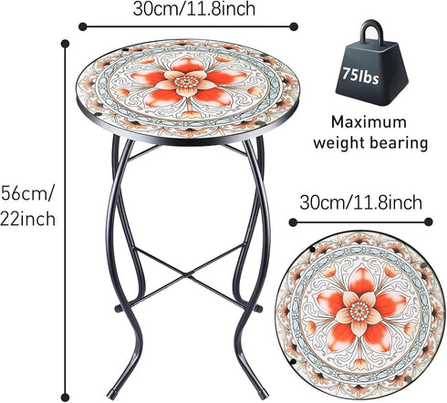12 Inch Arbuxzuy Small Outdoor Side Table with Pink Flower, Glass Mosaic Patio Table Indoor, Round Plant Coffee Table