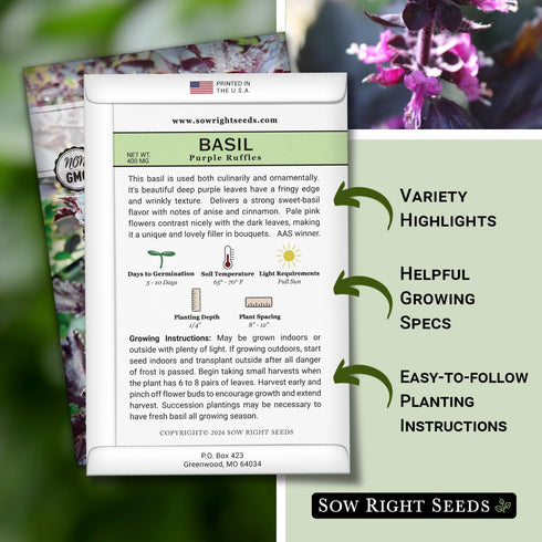 Packet (1) Sow Right Seeds - Purple Ruffles Basil Seeds for Planting - Non-GMO Heirloom with Instructions - Indoors