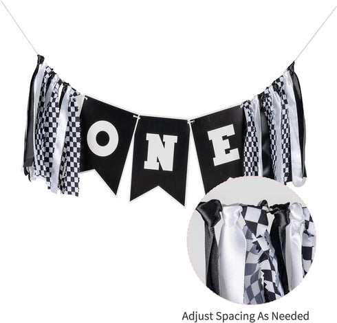 Q&High Life Race Car First Birthday Highchair Banner, Pre - strung Black & White Checkered ONE Garland for Boys Fast
