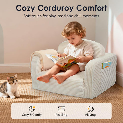 Foryoomi 2 1 in Convertible Kids Couch - Corduroy Fold Out Kids Sofa Chair with Blanket, Comfy Comfortable Toddler