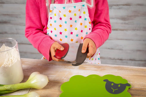Kuhn Rikon Kinderkitchen Kids Cutting Set, 2 Pieces, Green/Black/Red | Sheep Cutting Board & Cat Knife