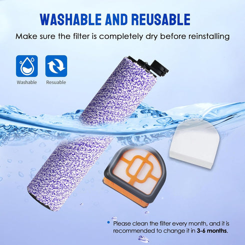 9 Pack Replacement Roller Brush and Foam Filters Kit for Shark WD101, AW302, WD201 Hydrovac XL 3-in-1 Vacuum Cleaner