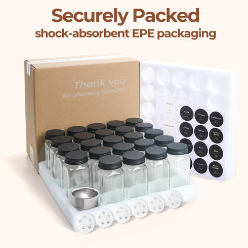 24Pcs 4oz, 93 ComSaf Glass Spice Jars with Label, Labels, a Metal Funnel, Extra Shaker Lids, Empty Spice Containers