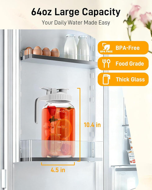 64 oz Glass Pitcher with Lid, Large Wide Mouth Mason Jar with Pour Spout, White Sun Tea Glass Jar for Outside