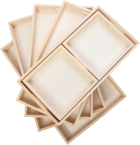 Set 7 Wooden Nested Serving Trays, Unfinished Rectangle Trays with Cut-Out Handles for Crafts, Ottomans, Serving